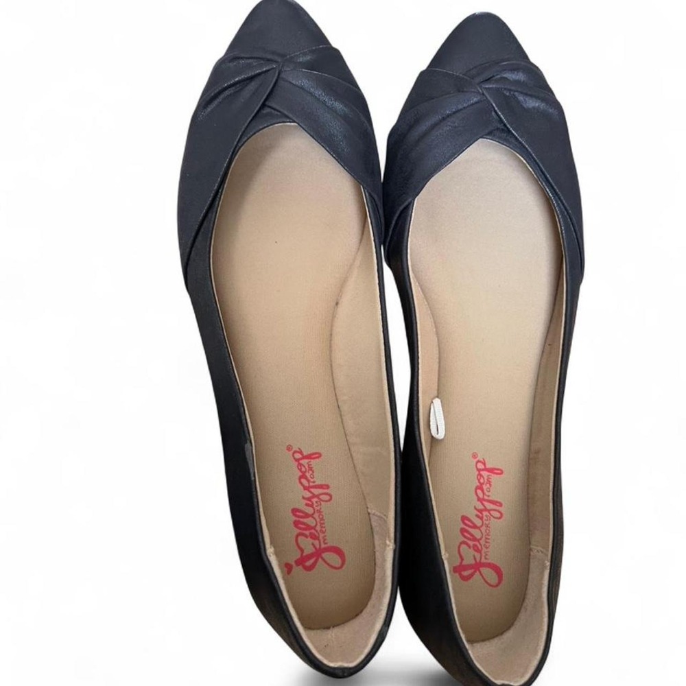 Jellypop Black Leather Ballet Flats with Bow Detail and Pointed Toe Women's 8.5